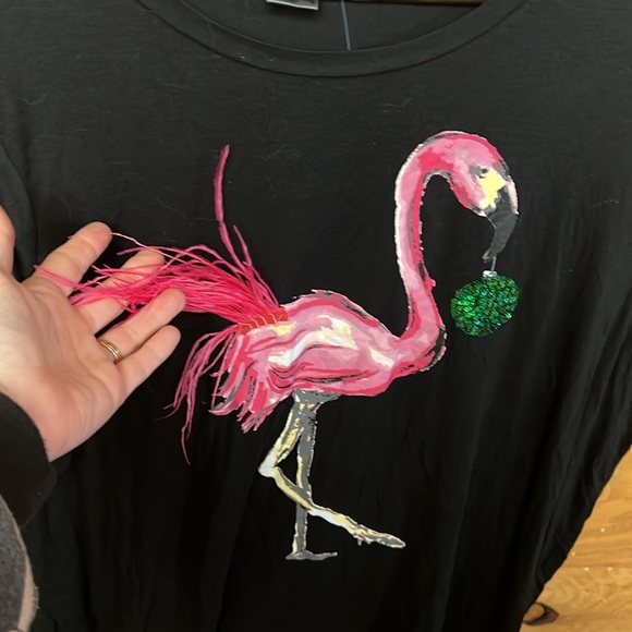 United States Sweaters Top 1X Flamingo Feather Holiday LS black pink lightweight - Picture 4 of 7